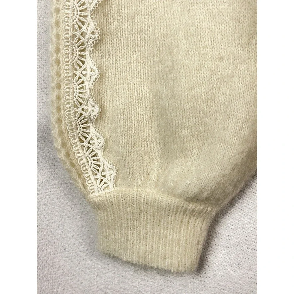 Sézane Women XXL Cardigan La Maille Lace Trim Pearl Button Kid Mohair Wool Ivory